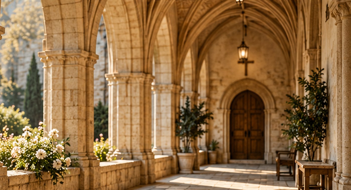 Peaceful stone cloister bathed in warm natural light